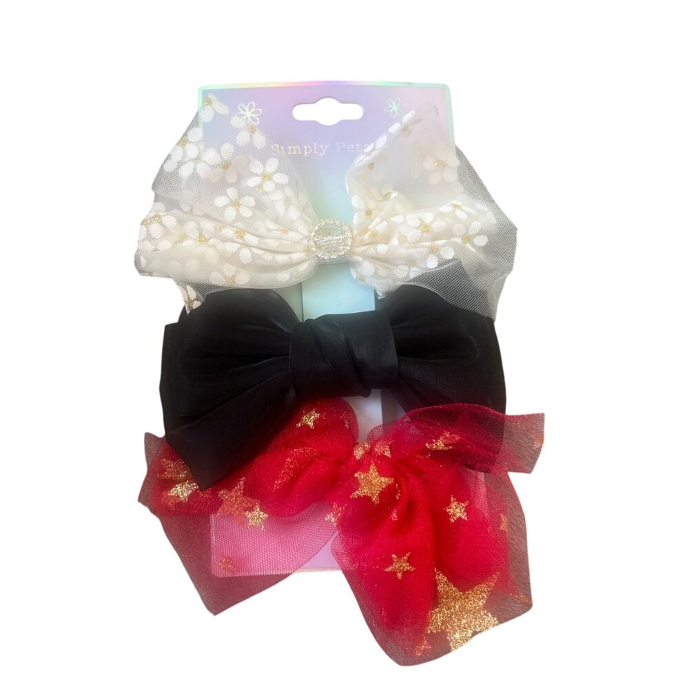 Simply Petals Hair Bows Clips White Floral Black Red Gold Stars Tulle 4.5"x2.5"‎